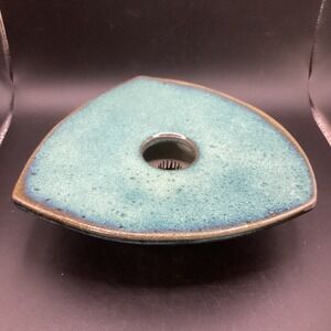 Vtg Absract Ikebana Floral Arrangement Art Pottery Flower Frog-Signed-Teal 7.5"